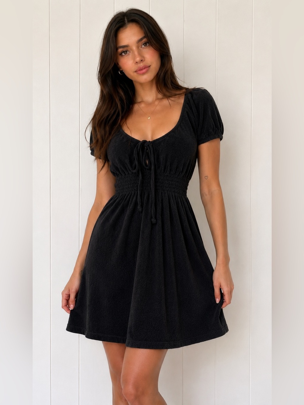 Juicy Couture Terry Cloth Dress Y2K Black Tie Detail Made USA XL Babydoll
